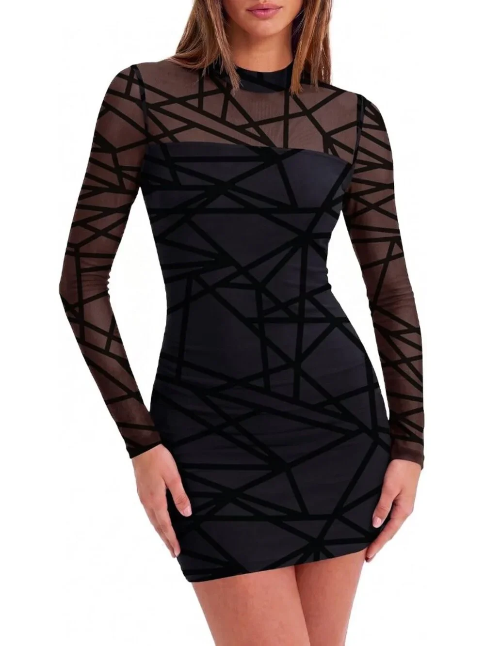 👗 Women's Blackish Mesh Sheer Long Sleeves Dress Ruched Bodycon Mock Neck Dress